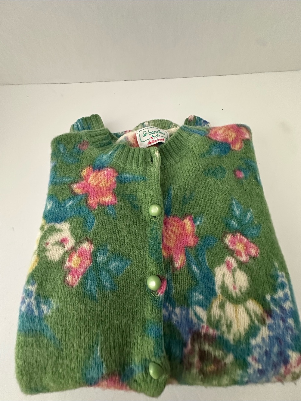 Vintage United Colors Of Benetton Green Floral Button-Front Women Sweater